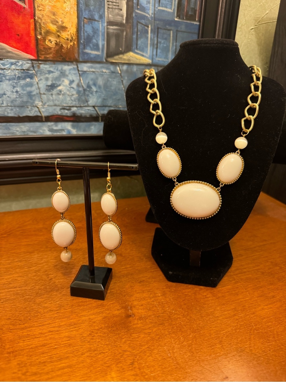 Gold-Tone White Stone Statement Slip-over Necklace & Earrings Set